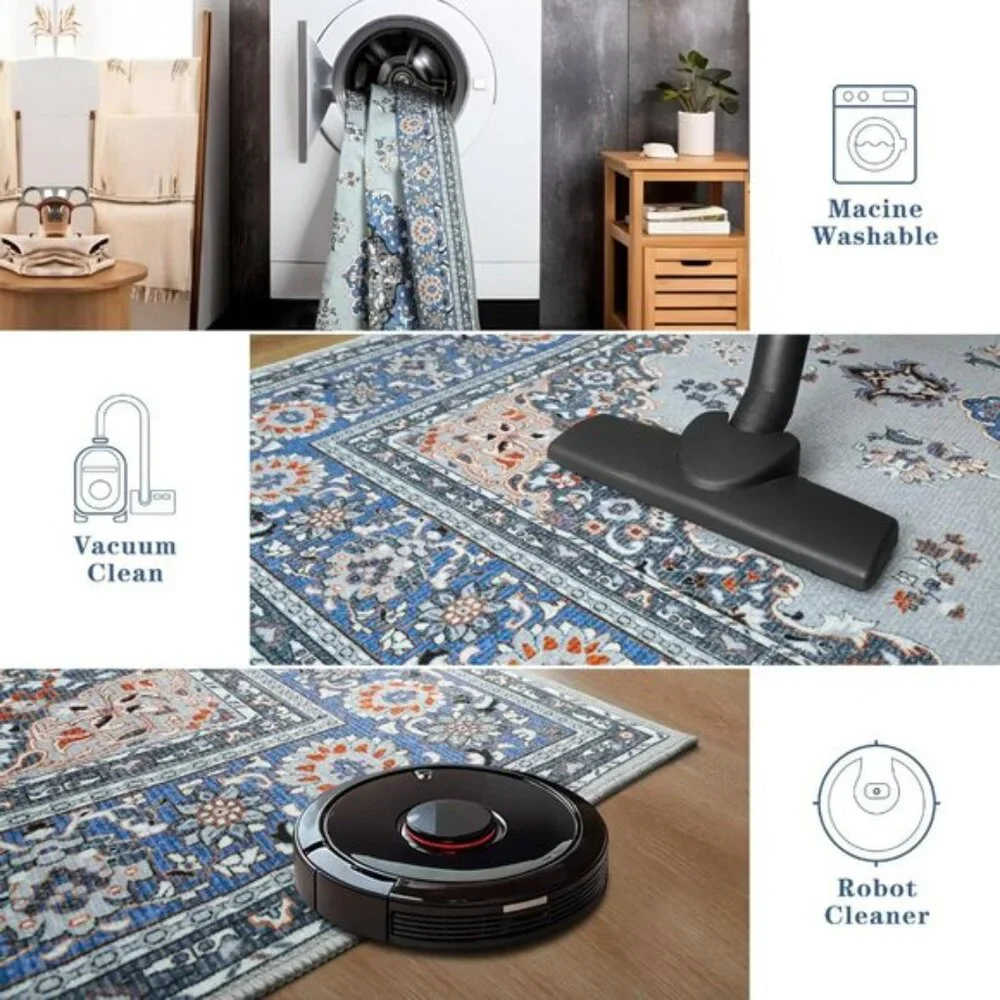 New 6x9 Grey Blue Area Rug, Washable Vintage Low Pile Non-Slip Carpet for Home